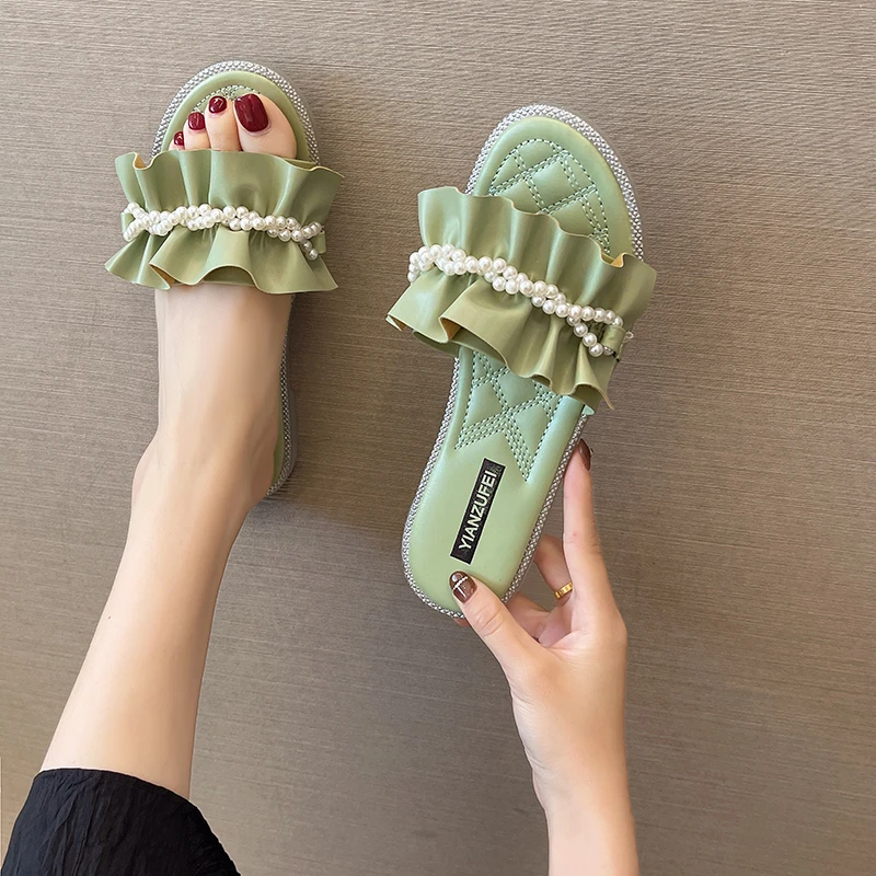 

Glitter Slides Slippers Soft Low Shoes String Bead Fashion Slipers Women Jelly Comfort Luxury 2022 Flat Crystal Basic Fabric Rub