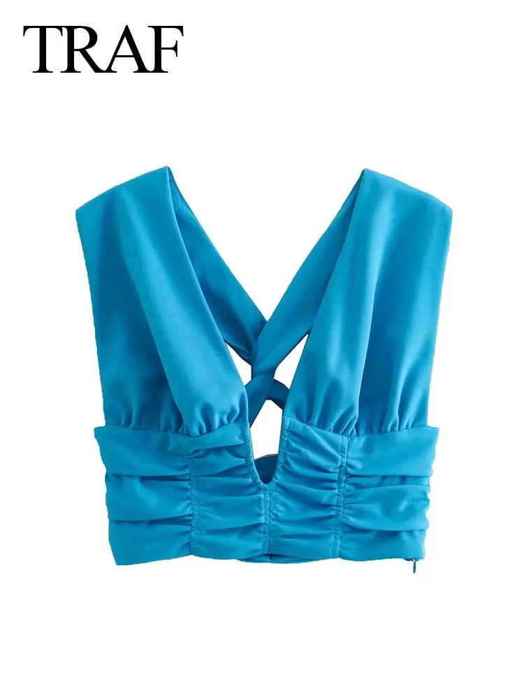 

TRAF Summer Fashion Fashion Elegant Blue Pleated V-Neck Sexy Short Women's Tank Top Back Cross Lace Side Zipper Lady Vest