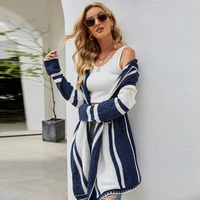 blue and white striped hooded cardigan women irregular loose casual knitted sweater spring autumn chic fashion leisure hoodies