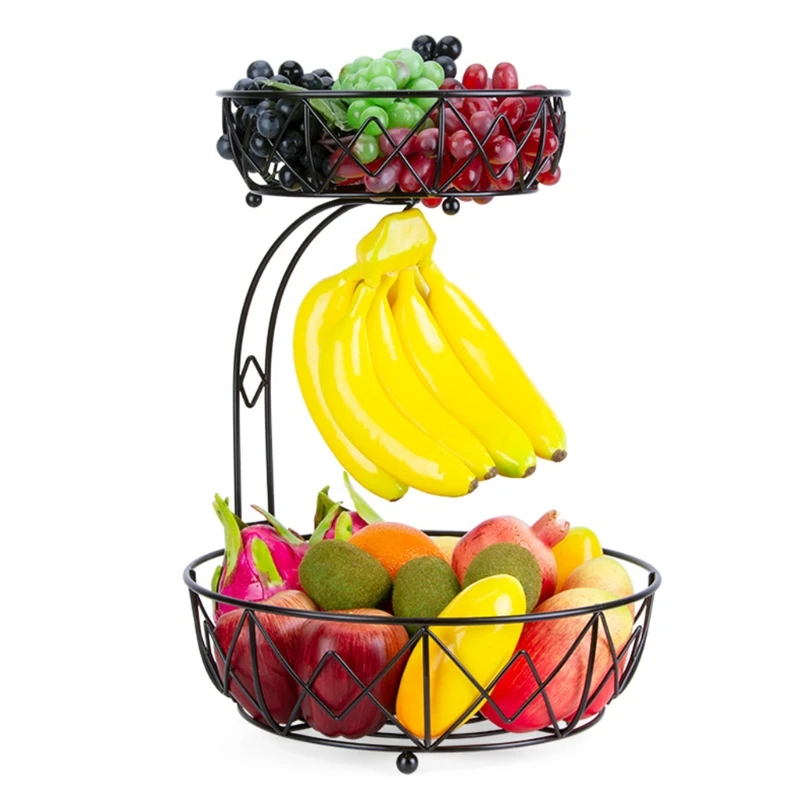 

Современная бытовая 2-ярусная корзина для фруктов H55A, чаша с банановым крючком, кованая двухслойная кухонная столешница для овощей