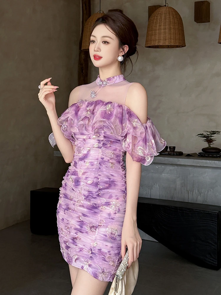 Милое платье Ципао с цветочной вышивкой женское Cheongsam милое прозрачное