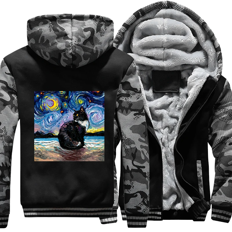 

Starry Sky Cat Winter Jacket Streetwear Men Warm Thicken Hoodies Camouflage Jackets Fleece Zipper Hoodie US Size Hooded Coat