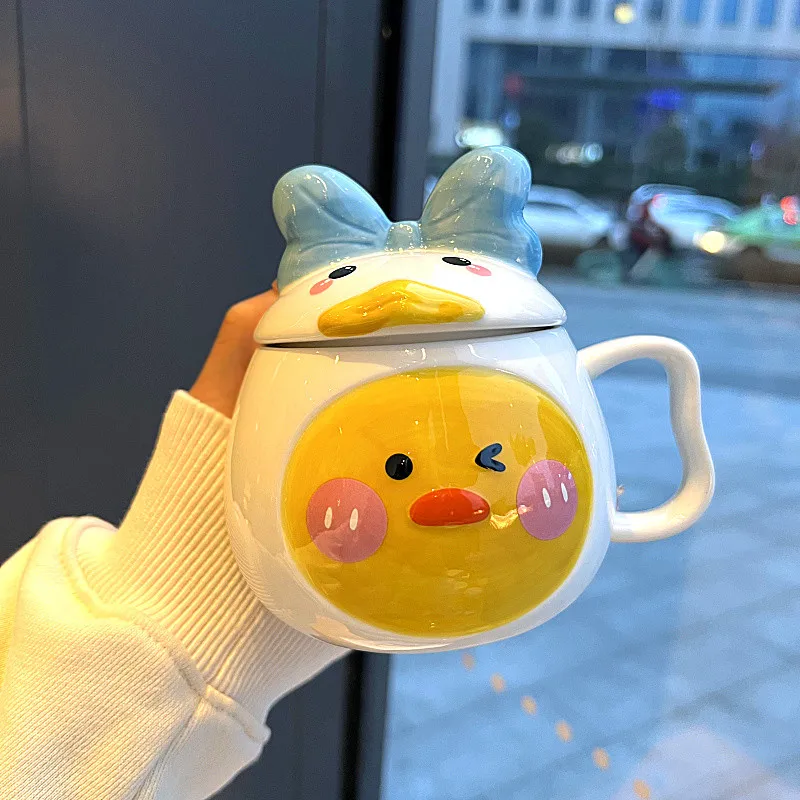 

Милая кружка с бантом, уткой и крышкой, кружка с ложкой, чашка для напитков в виде сердца для девочки, керамическая чашка, кружка для офиса, кофейная чашка, кружка