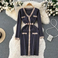 women autumn winter 2022 long knitted dress french retro geometric pattern contrast color single breasted slim one piece dresses