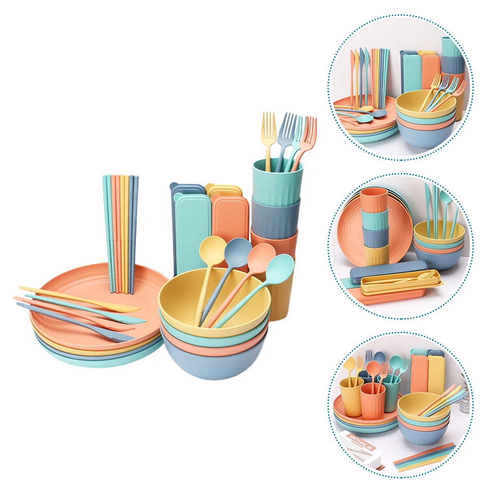 

Straw Wheat Set Dishes Cutlery Bowls Kitchen Tableware Bowl Plate Dessert Accessories Cereal Soup Chopsticks Reusable Plates