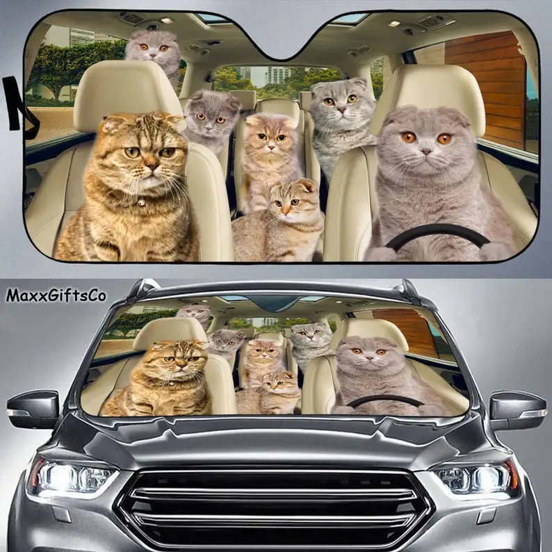 

Scottish Fold cat Car Sun Shade, Cats Windshield, Cats Family Sunshade, Cat Car Accessories, Car Decoration, Gift For Dad, Mom