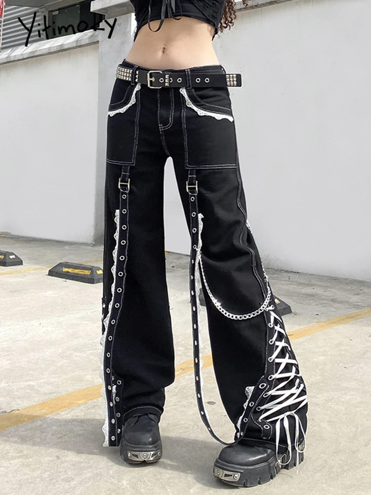 

Yitimoky Gothic Baggy Jeans Women Y2k Aesthetic Lace Up Pants Dark Academia 90s Vintage Streetwear Punk Straight Denim Trousers