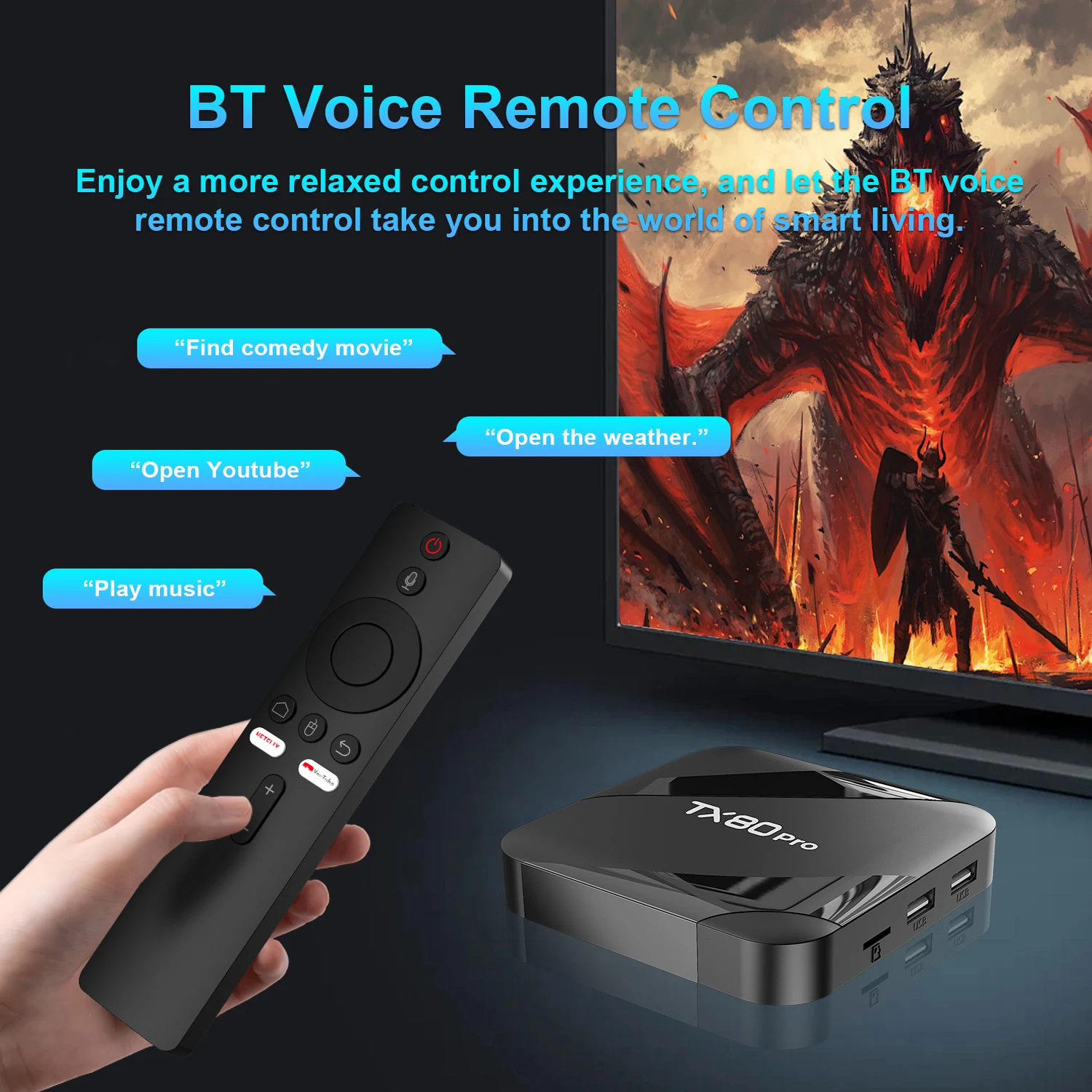 Фото ТВ-приставка AndroidTV 16 TX80 PRO, четырехъядерный процессор ARM Cortex-A53, пента-ядерный графический процессор Mali-450, память 16 ГБ + 256 ГБ, двухдиапазонный Wi-Fi, 4K UHD №2