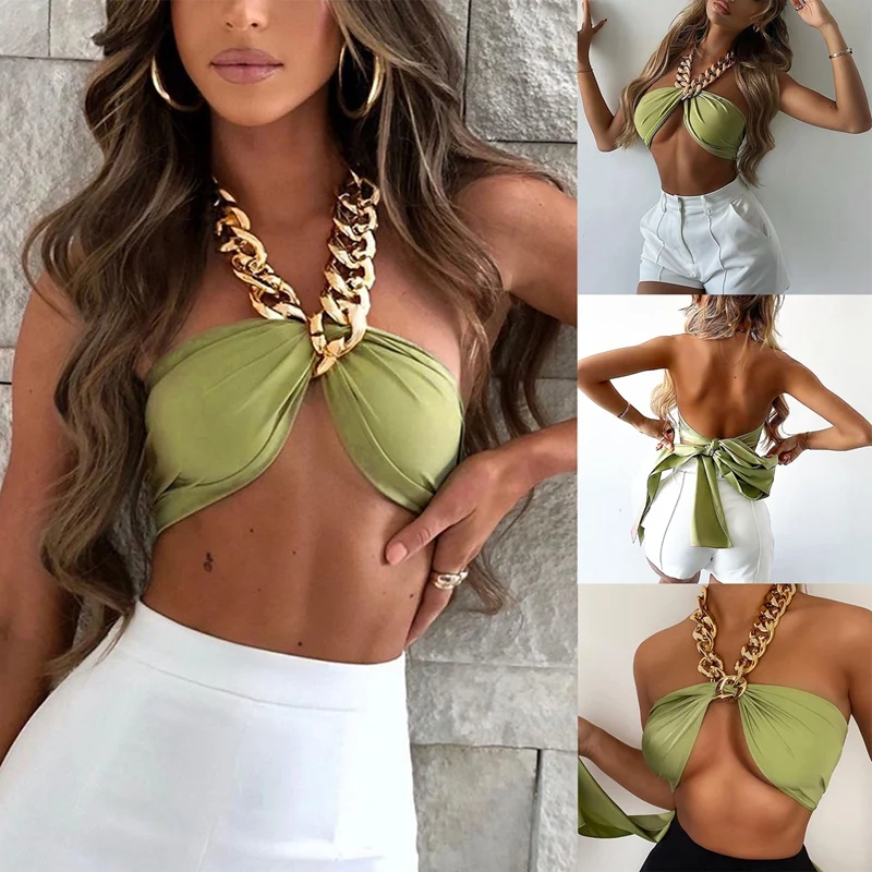 

Chic Fashion Metal Chain Halter Crop Tops For Women Sleeveless Backless Wrap Chest Cropped Top Basic Summer