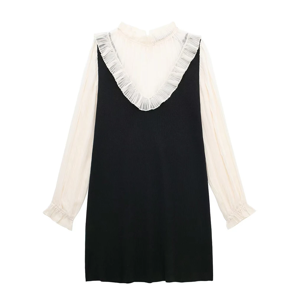 

PB&ZA Dresses for Women 2023 Elegant Mini Dress Chiffon Knit Spliced Sweet Streetwear Long Sleeve Beach Party Mujer Vestidos