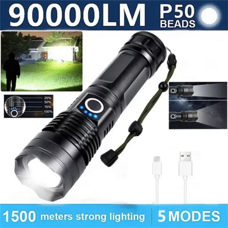 

90000 LM LED Flashlights High Lumens Super Bright Tactical Flashlights Zoomable Waterproof Flashlight for Outdoor Emergency