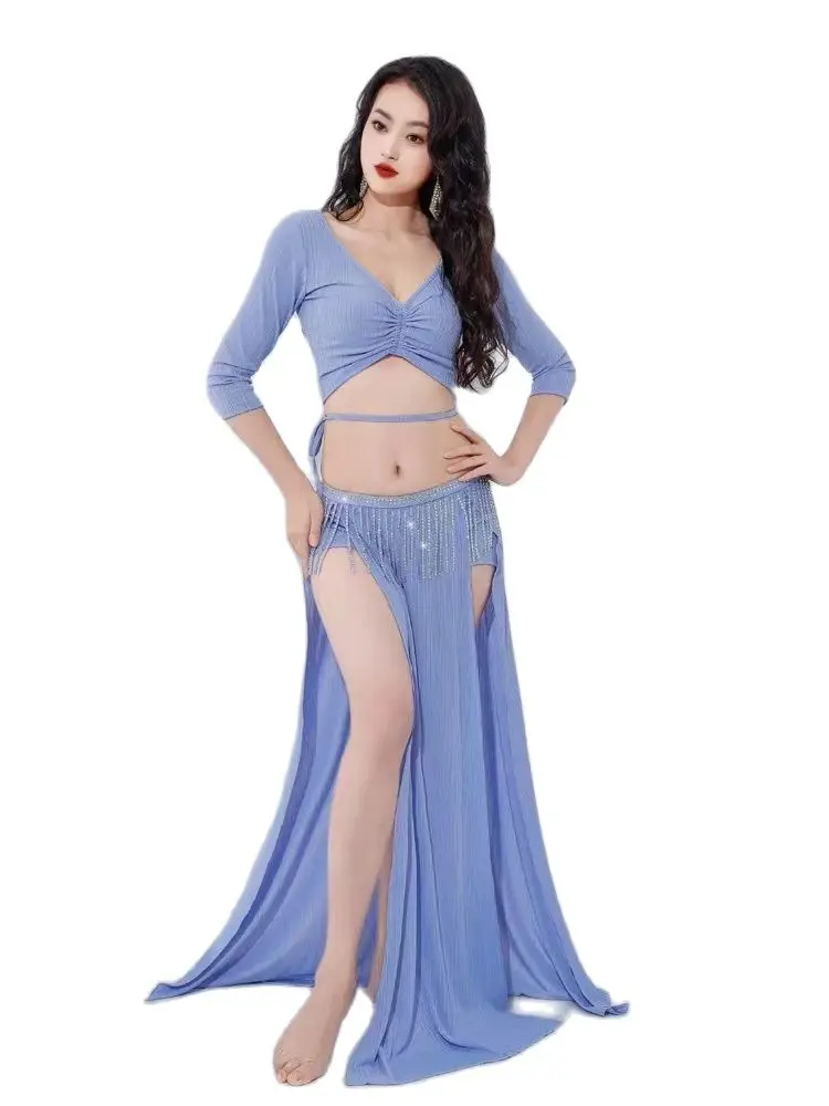 

New Women's Belly Dance Clothing Adult Sexy Design Light Luxury Hot Diamond Tassel Stripes Practice Split Skirt on Both Sides