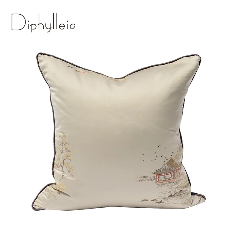 

Diphylleia Chinese Landscape Pagoda Jacquard Pillow Cover High Density Silk Decorative Cushion Case Luxury Coussin 50x50cm Beige
