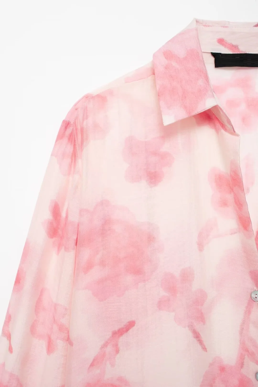 Блузка женская оверсайз с цветочным принтом и длинным рукавом