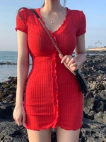 red dresses for woman sexy slim korean fashion v neck short sleeve mini dress women solid all match ladies clothing summer new