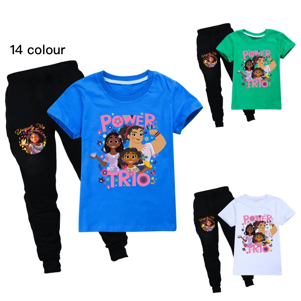 

2022 New Disney Girls Boys Summer Encanto Mirabel Kids Sports T-Shirt + Pants 2pcs Baby Clothing Comfort Set