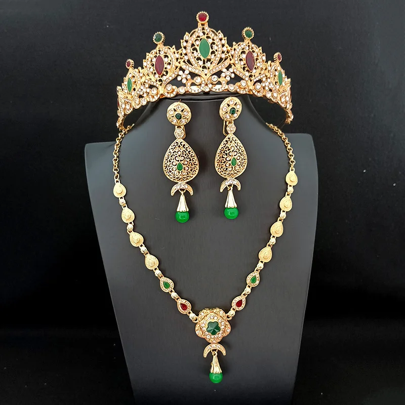

Algerian Wedding Jewelry Set Bridal Crown Hair Accessories Gold Plated Tiara Moon Pendant Crystal Necklace Women's Earrings