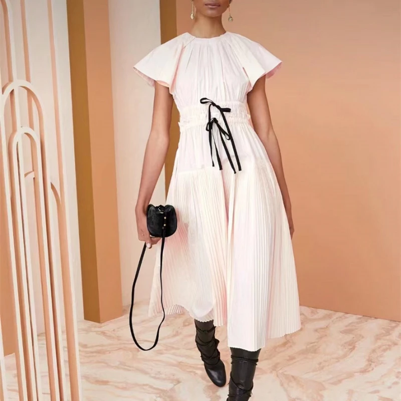 

Women's Spring and Summer New Cotton Pleated Design Mid-length Dress Small Fly Sleeve Elastic Waist Solid Color Lady Dresses