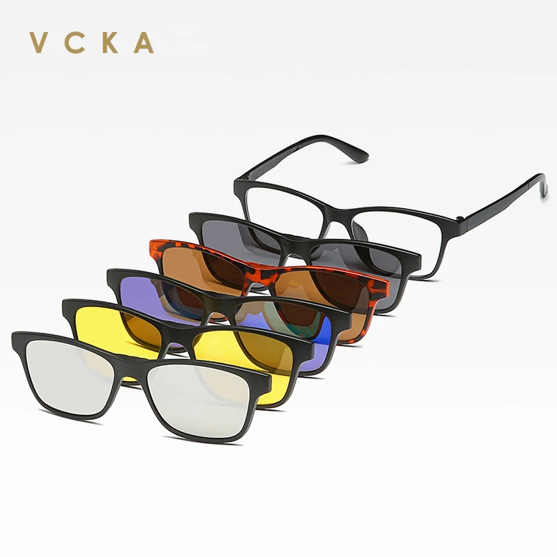 

VCKA Square Myopia Sunglasses Fashion Women Men Polarized Magnetic Clip Glasses Sports 6 in 1 Mirror Set Eyewear +1.0~+4.0