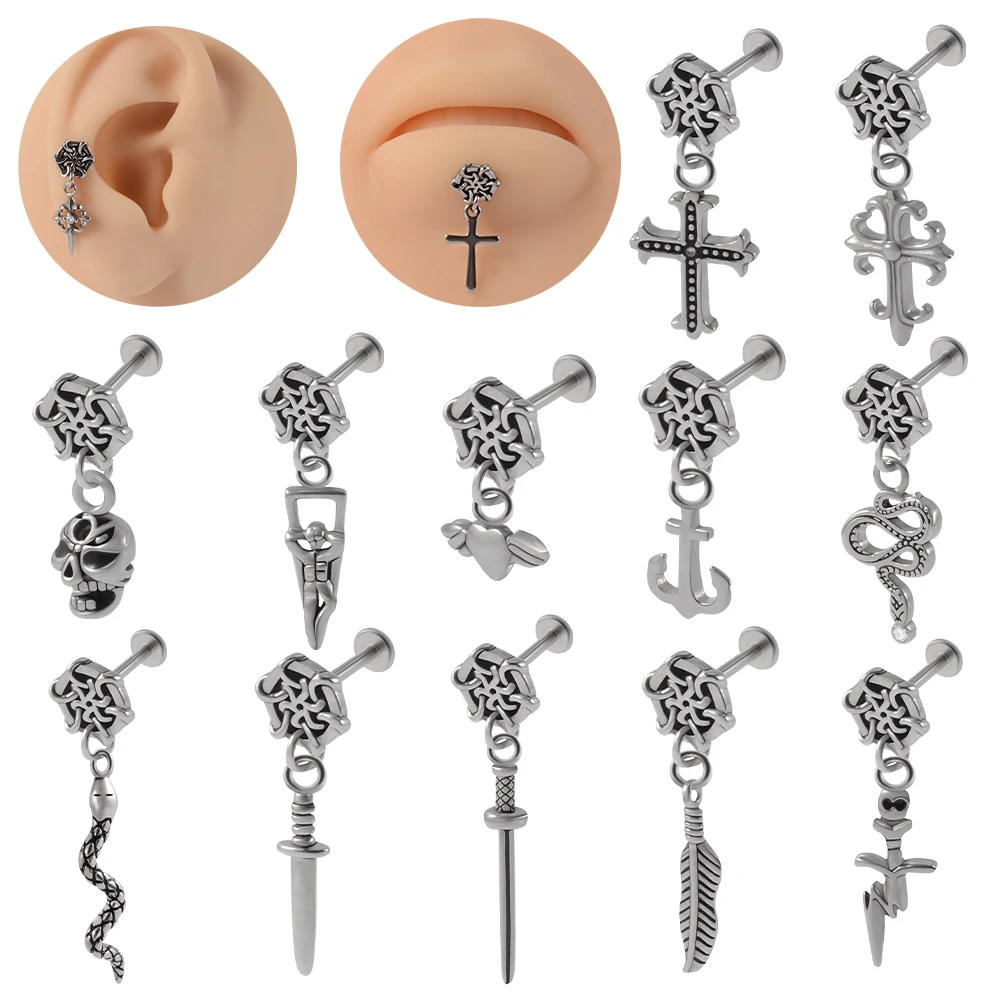 

1PC Surgical Steel Earrings Cross Serpent Skull Labret Ear Lip Studs Tragus Helix Lobe Women Man Body Piercing Jewelry 16G