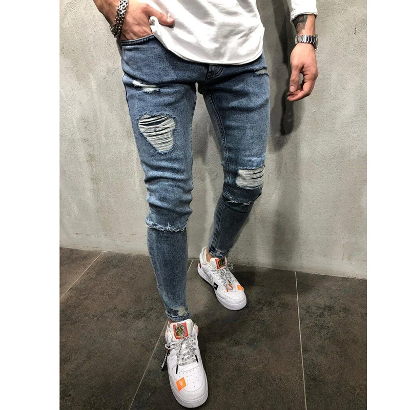 New Men's Jeans Slim Fit Stretch Jeans Men's Hip-Hop Four Seasons Blue Denim Casual Sports Pencil Pants Fashion Ripped Pants Men