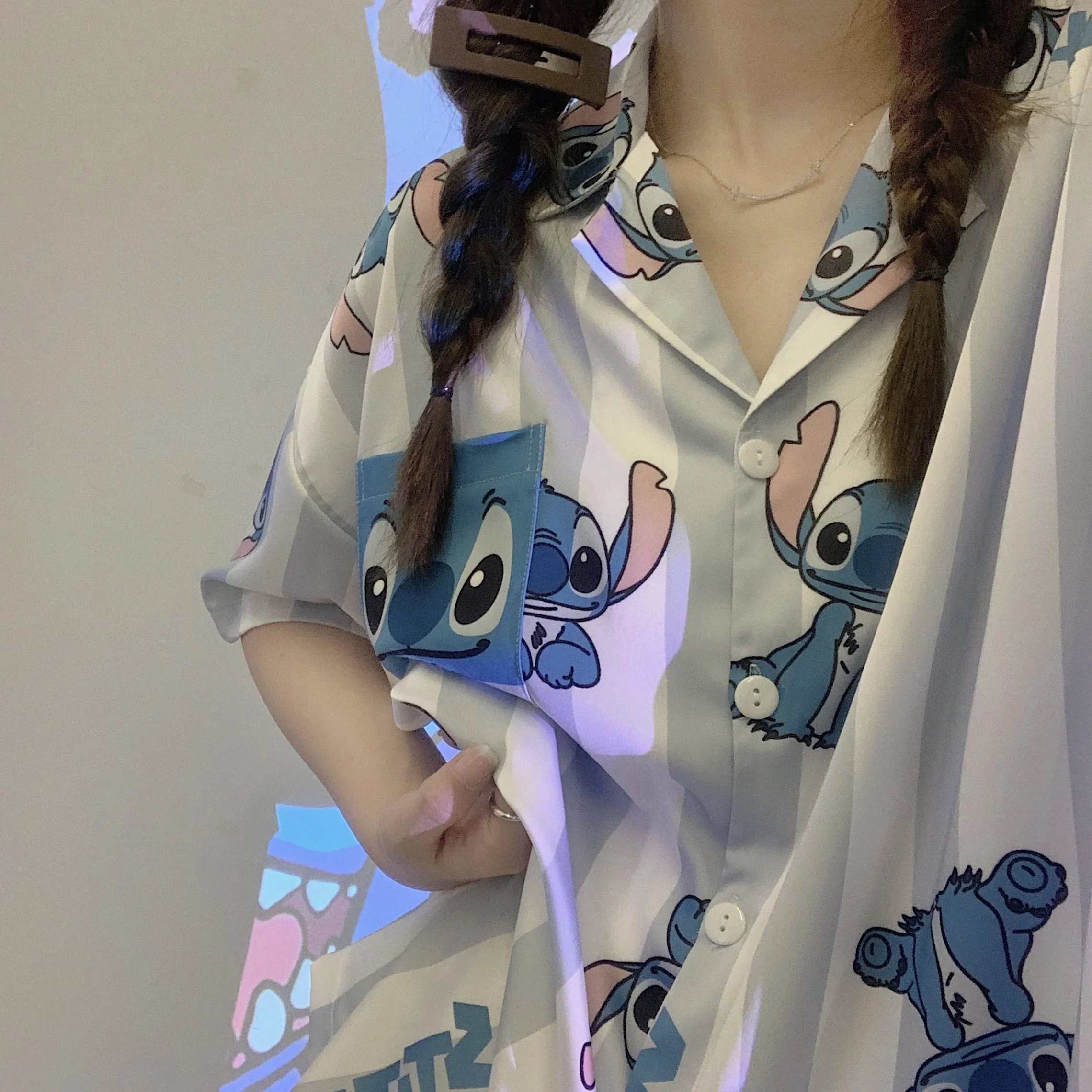 Disney Stitch Silk Pajamas Sets High-quality Luxury Women's Stain Pajama Summer Short-sleeve Cardigan Set Ice Silk Home Suit