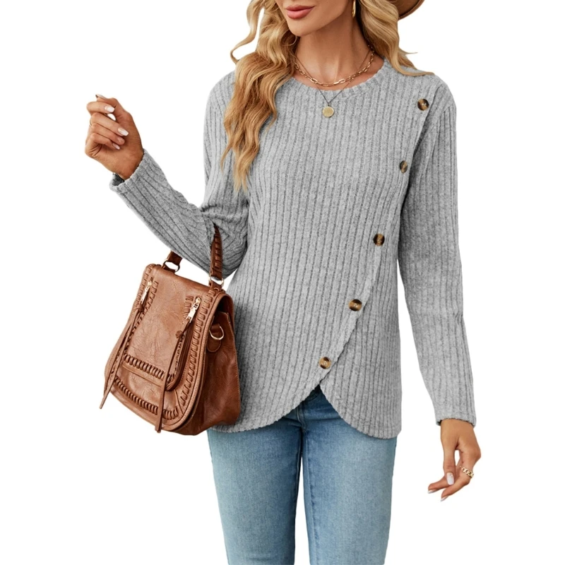 

Soft and Comfortable Tulips Hem Sweaters with Round Neck and Button Side Fall Winter Tops for Women 57BD