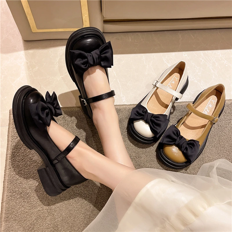 

Туфли женские классические в стиле ретро с бантом, Туфли Мэри Джейн, Лолита, круглый носок, плоская платформа, повседневные Модные лоферы, Бе...