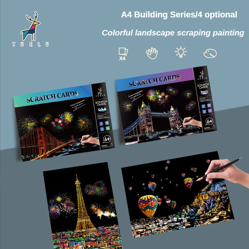 A4 Architectural Series Scratch Painting DIY Handmade Scratch Painting Colorful City Night Scene Scratch Painting (4 Pcs A Set)