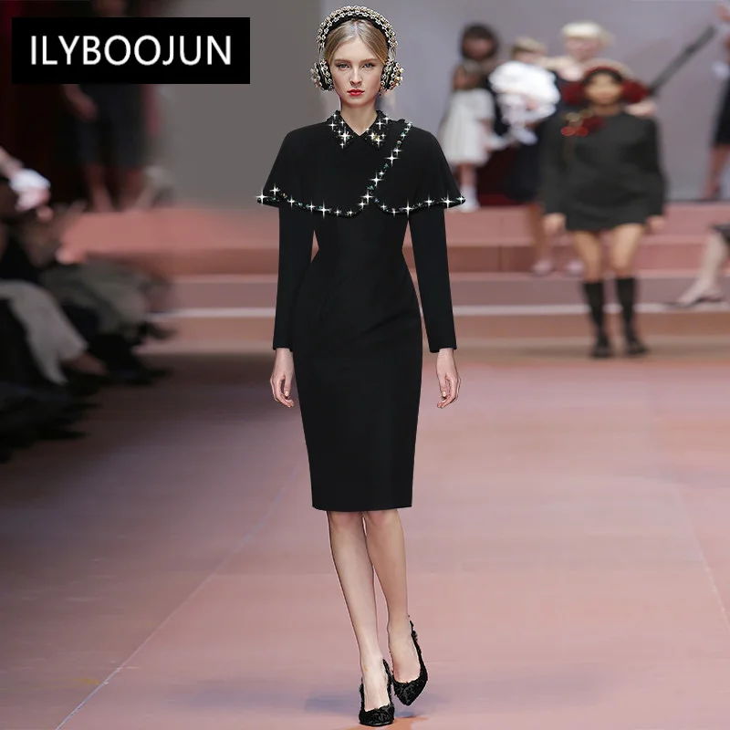 

Dresses For Women 2022 Luxury Designer Runway Elegant Black Pencil Turn-down Collar Beading Cloak Long Sleeve Elegant Dress