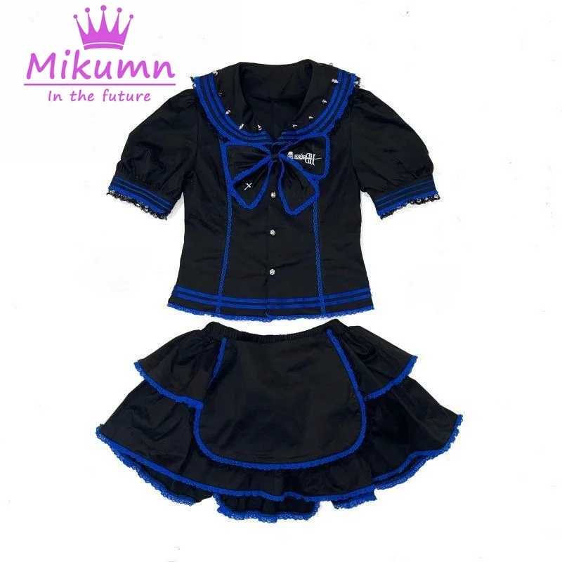 Japanese Harajuku Navy Collar Black Blue Lace Short Sleeve Shirt And Mini Skirt Sets Punk Gothic Girls Two Piece Outfits Suit