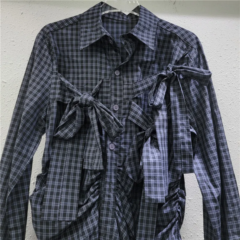 WTHT модная женская клетчатая рубашка с 3D бантами и морщинистой талией весна 2025