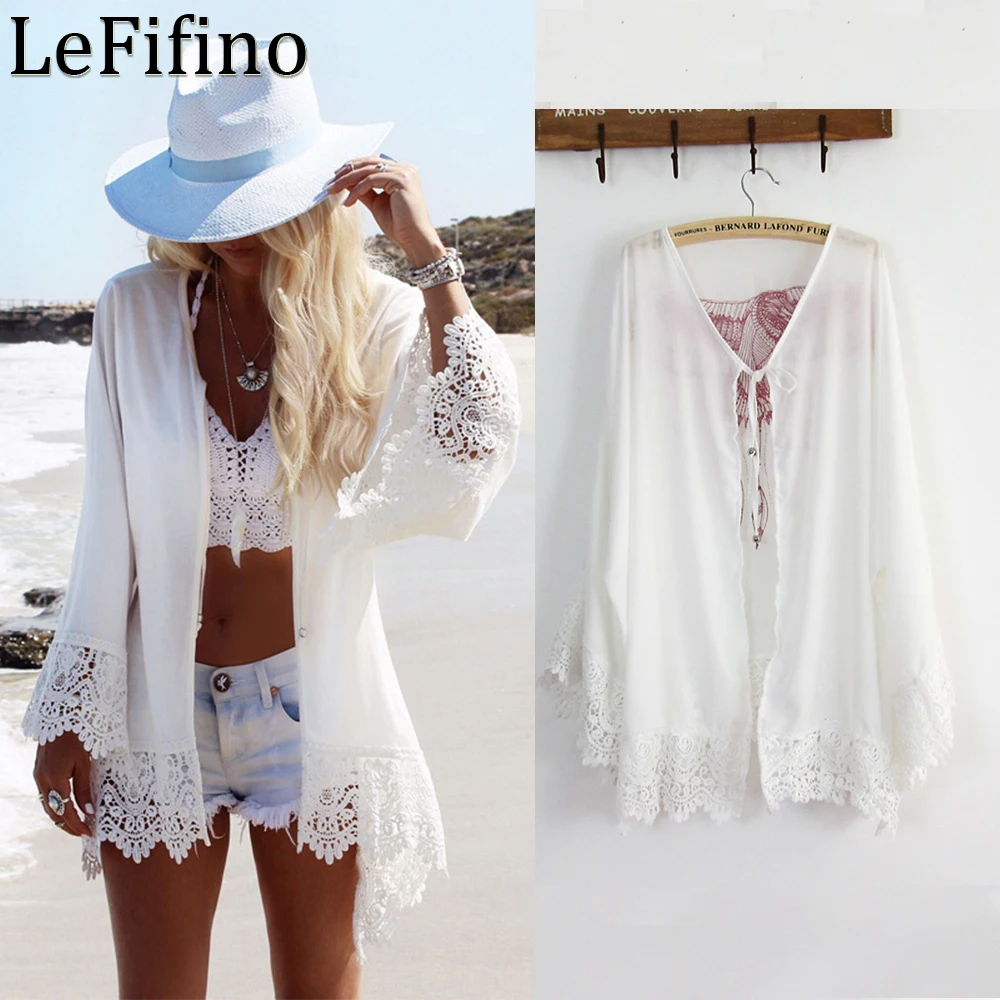 

Summer Printing Eagle Pattern Cardigan Lace Hollow Out Short Skirts Beach Suits Sunscreen Long Sleeve Coats Slim Bikini Cover Up