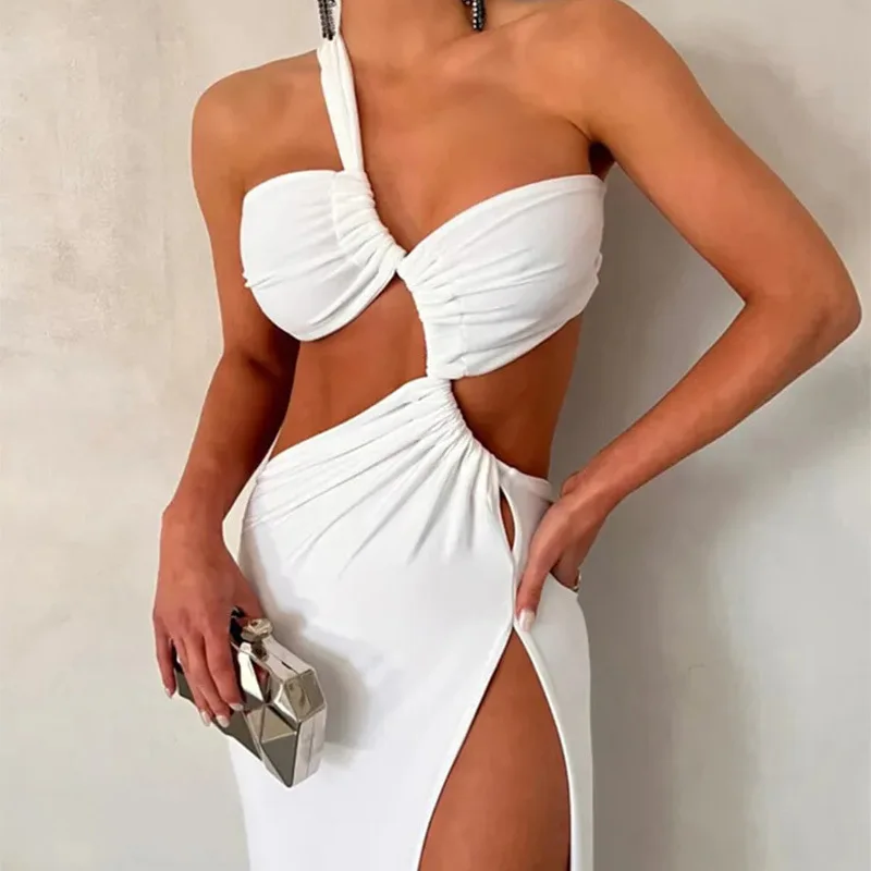 Женское асимметричное платье без рукавов однотонное модное с разрезом Новинка