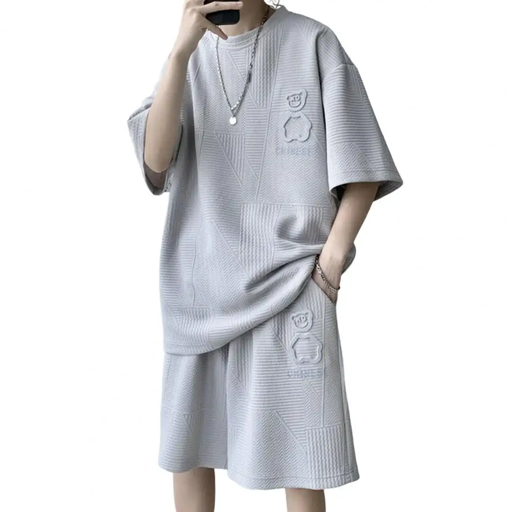 Men T-shirt Loose-fitting Solid Color Casual Men Shirt Shorts Set Summer Clothing Friendly to Skin Men Shorts for Female