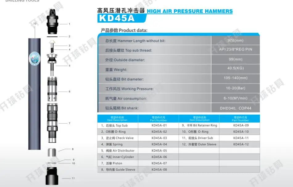 Китай Высококачественный молоток DTH для бурения водяных скважин высокого