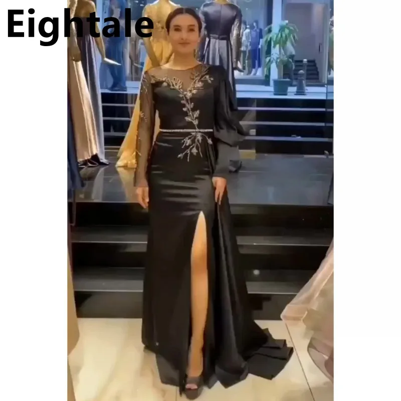 

2023 Eightale Black Mermaid Satin Prom Dress Sexy Slit Long Sleeve Evening Party Dress Beaded Formal Prom Gown Robes De Soirée