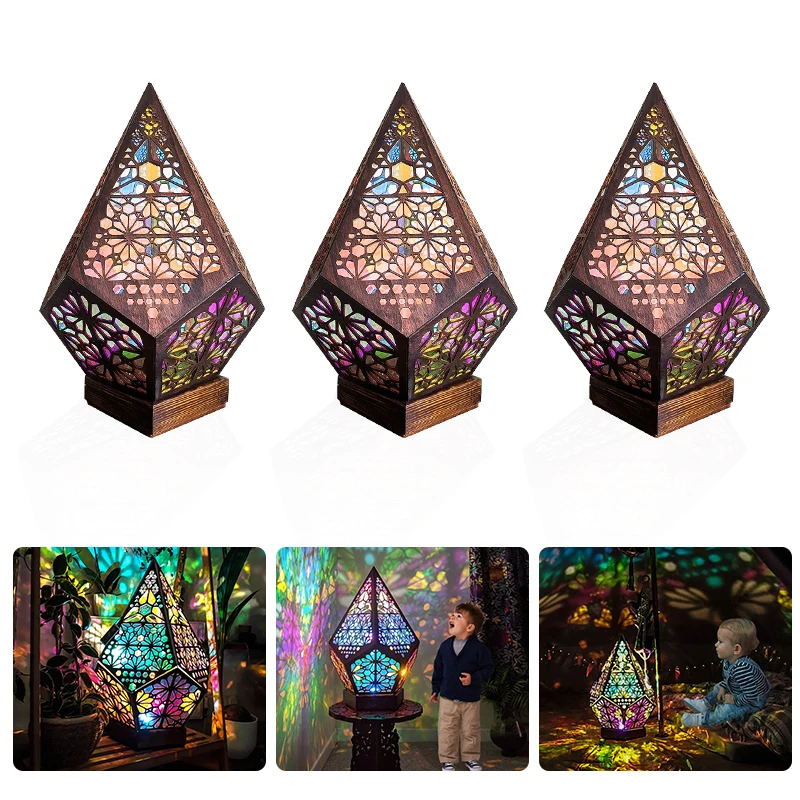 

Lantern Decorative Boho Table Lamp for Bedroom Projection Night Lights Decorative Hollow Lanterns Lighting for Home Wedding