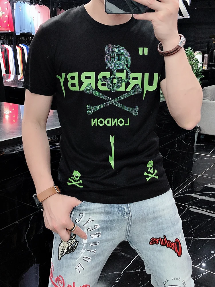 2022 mens short sleeve t shirt mens trend slim skull print hot diamond ice silk tide brand mercerized cotton mens t shirt free global shipping