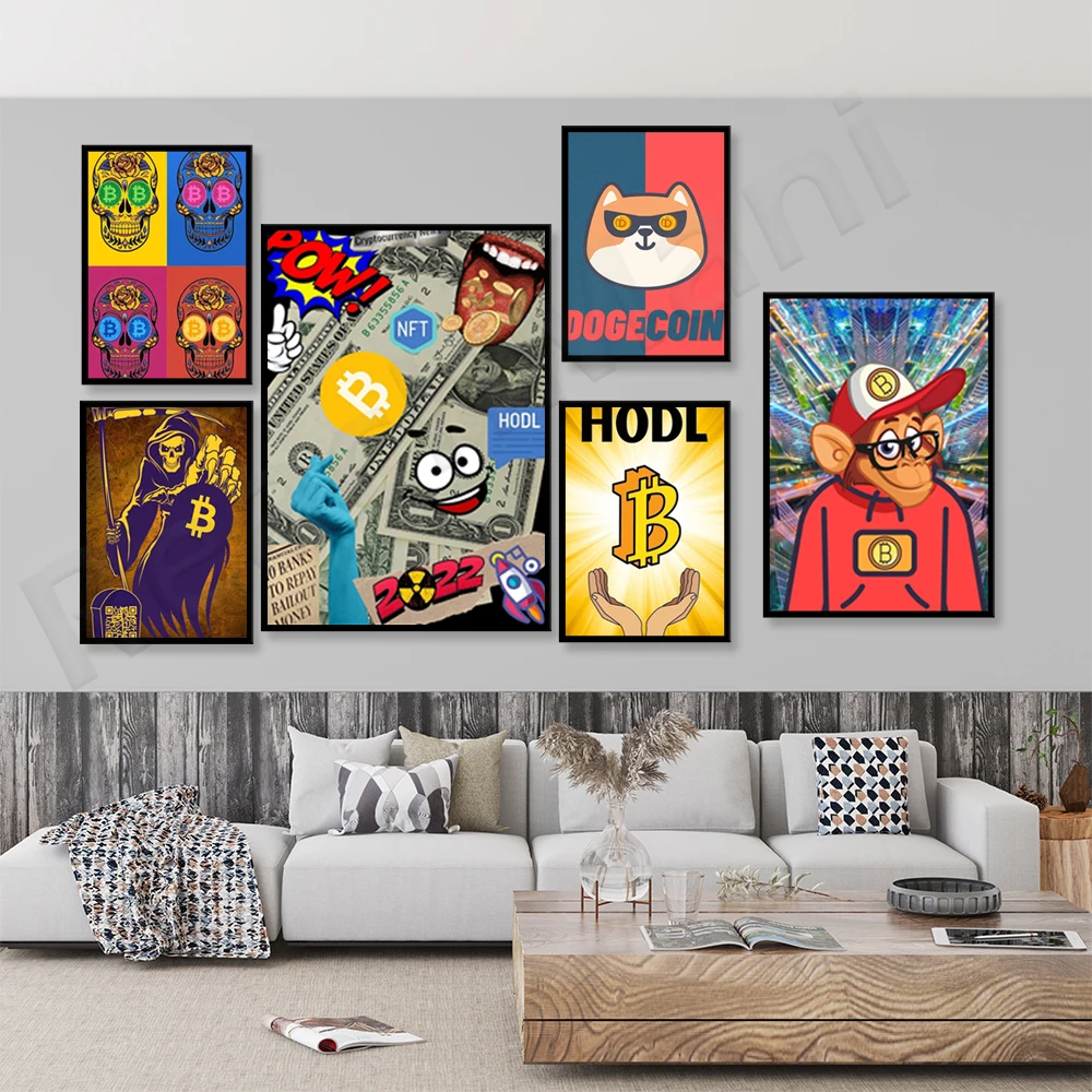 Криптовалюта Ethereum Bitcoin Run Btc Bull Trader Kanvas Lukisan Плакат Kantor Dekorasi Cetak Nordik Rumah Ruang Tamu Seni Din