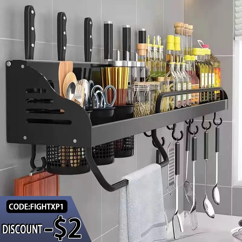 

Wall-mounted Kitchen Rack Multipurpose Aluminum Shelves Storage Organizer Spices Rack Chopsticks Holder Kitchen Accessories Set