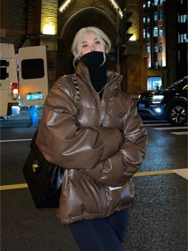 Winter Casual Stand Collar Thick Warm Brown Parka Women 2022 Fashion American Retro Zipper Cotton-padded Coats Casual Jackets
