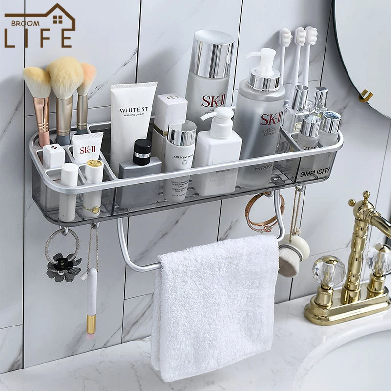 Bathroom Storage Shelf Towel Hanger Wall Mounted Shower Caddy Shampoo Rack With Four Hook No Drilling Kitchen Toilet Accessories