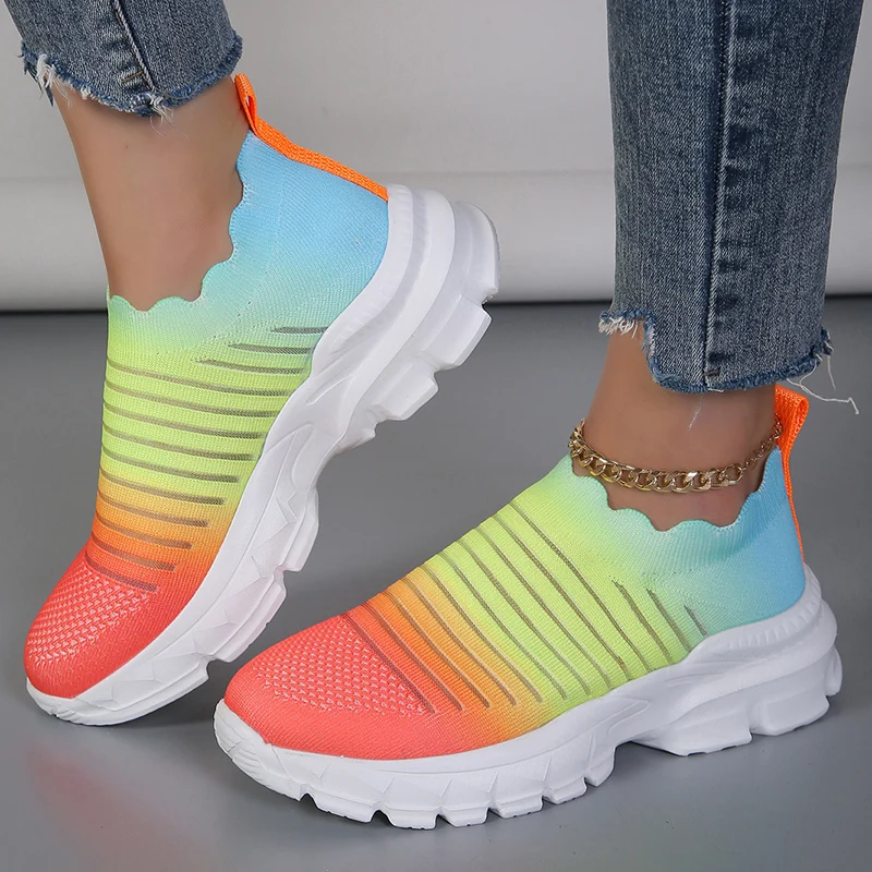 

Mix Colors Knitted Thick Sole Sneakers Women Mesh Striped Platform Sock Shoes Woman Super Size Breathable Vulcanize Shoes Female