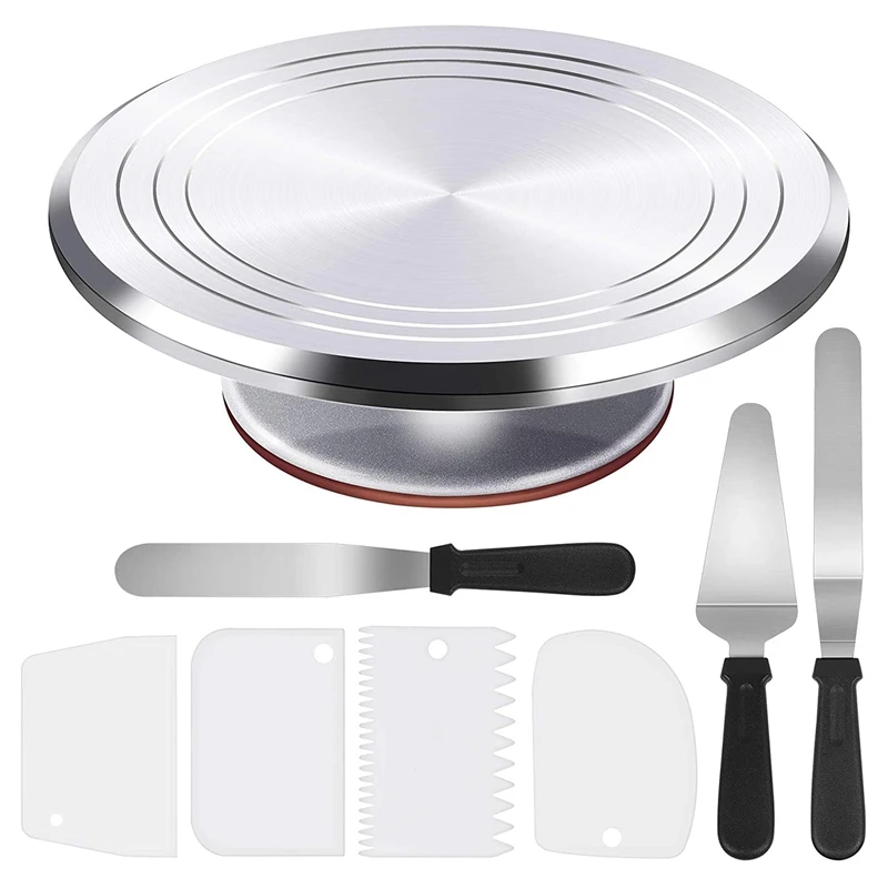 

Aluminium Alloy Rotating Cake Turntable 12Inch Revolving Cake Decorating Stand With 3 Angled Icing Spatula, 3 Icing Comb