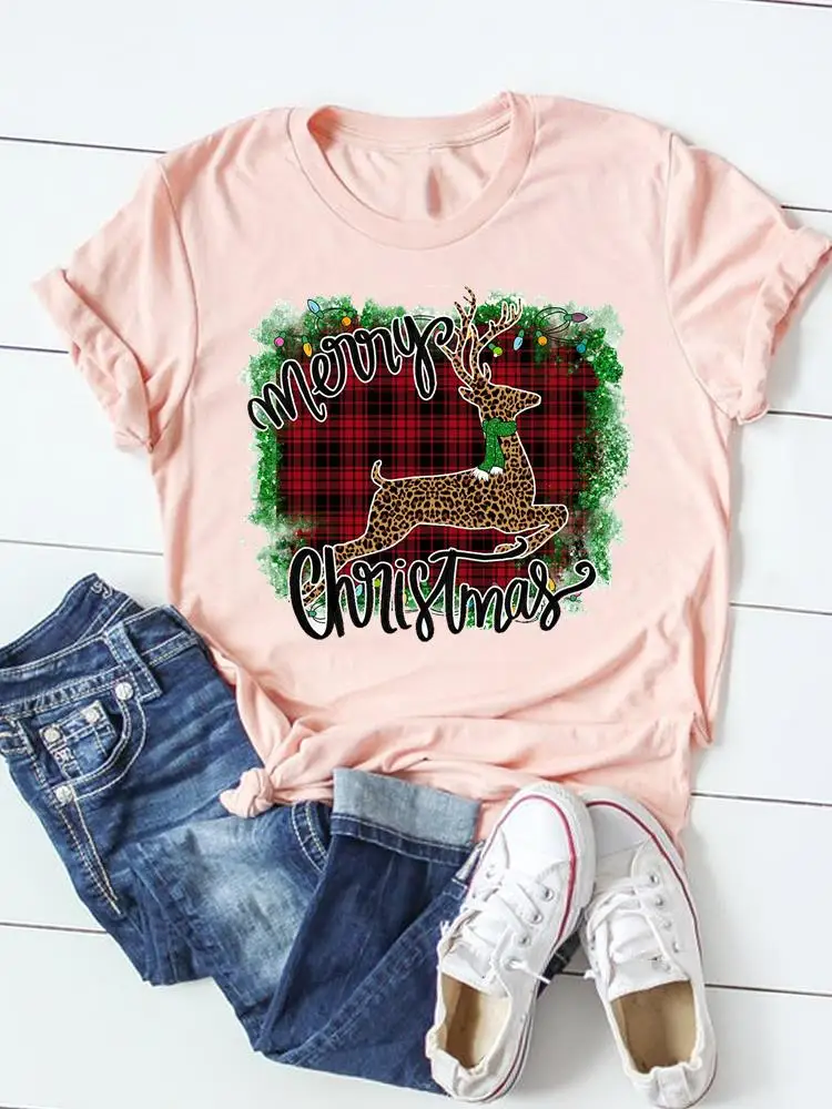 

Deer Love Trend Leopard Top Print T Shirt Merry Christmas New Year Graphic T-shirt Women Clothing Clothes Fashion Basic Tee