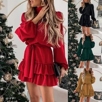 women dress ruffled belted sexy pure color stretchy mini dress for wedding