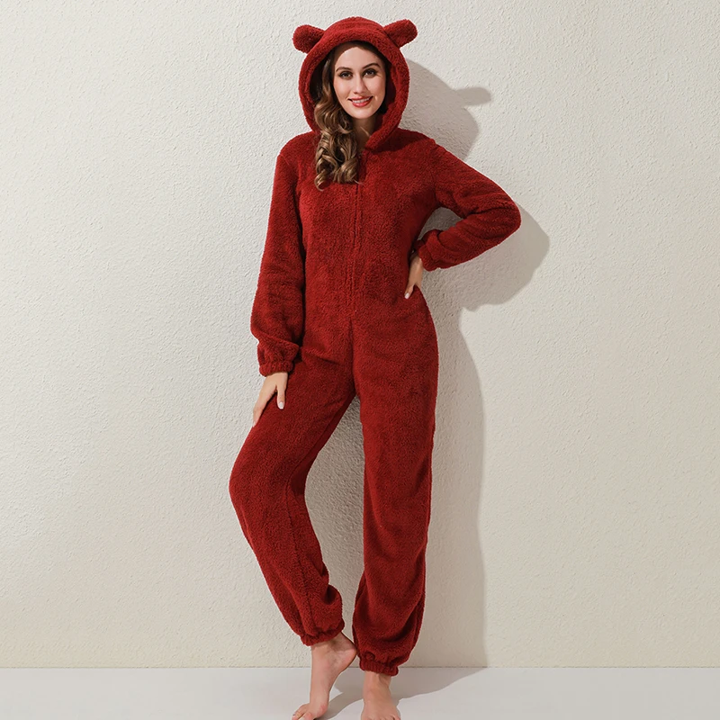 

New Winter Warm Pyjamas Women Onesies Fluffy Fleece Jumpsuits Sleepwear Overall New Hood Sets Pajamas For Women Adult Homewear