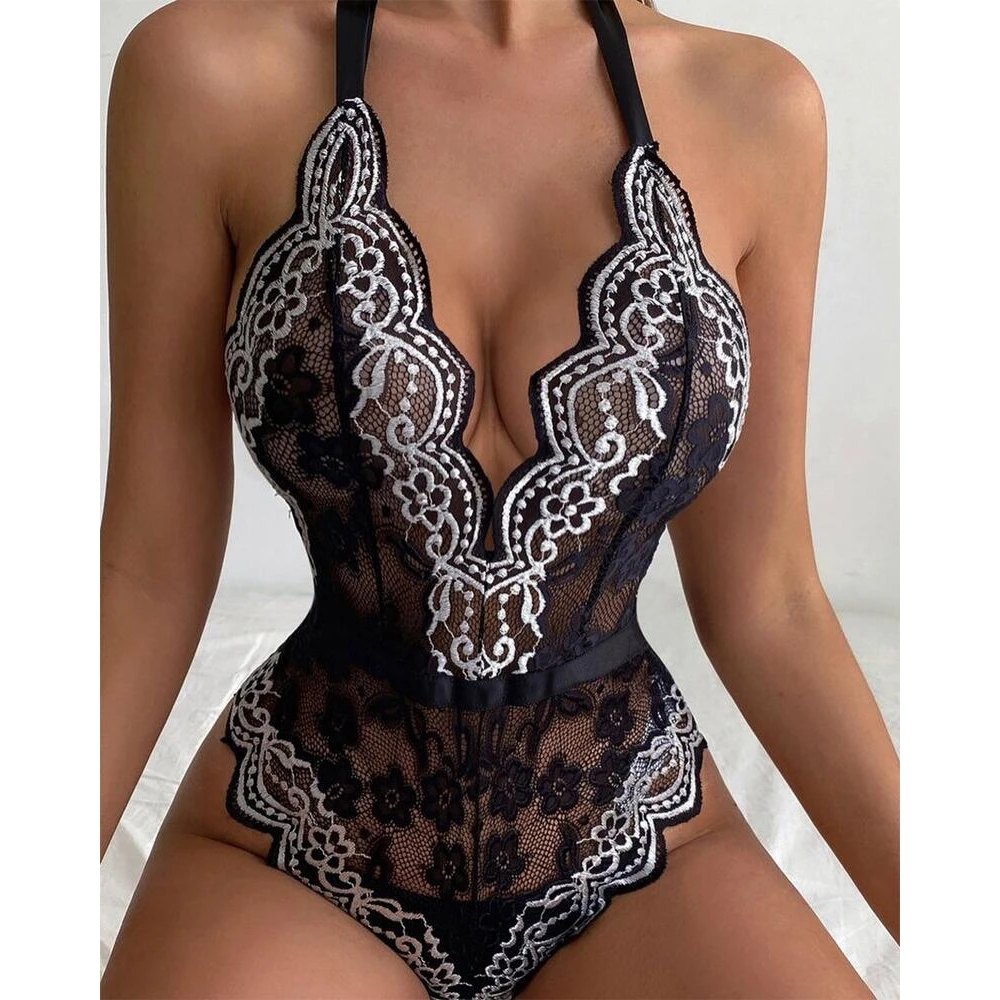 

Женское нижнее белье с цветочной вышивкой и фестонами, кружевные боди Тедди, ажурные порно Боди без черных носков, домашняя одежда