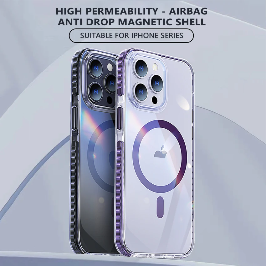 

Luxury High Transparent Airbag Anti Drop Magnetic Case For Iphone 15 14 13 Pro Max TPU Frame Shockproof Cover For Magsafe Charge